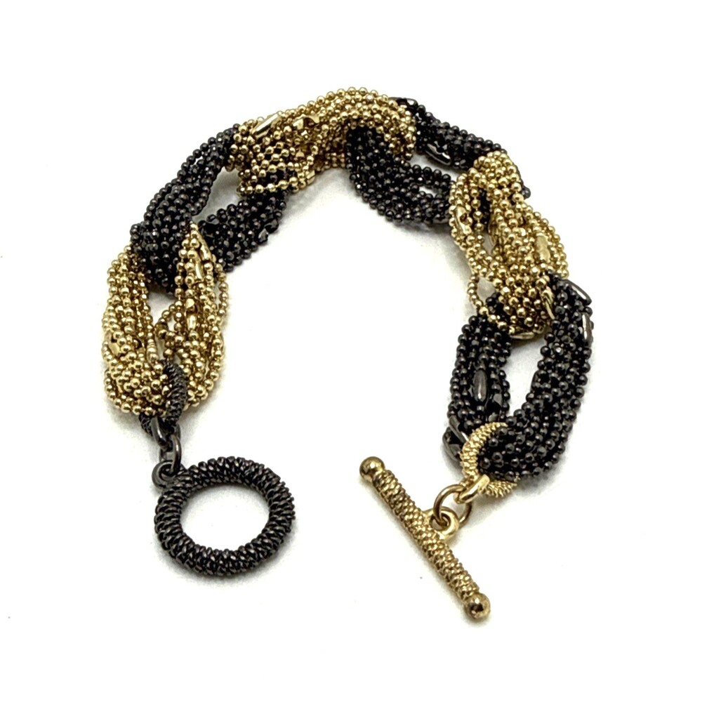 MARLYN SCHIFF Multi Strand Chain Bracelet Black Gold Tone Ball Bead Statement 8"